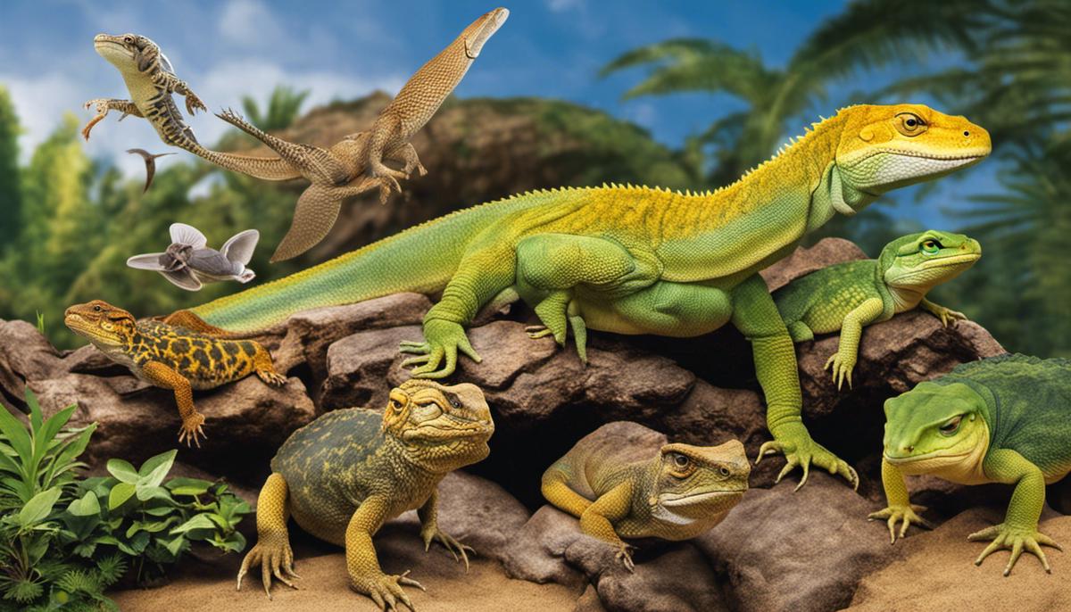 A diverse group of reptiles with various characteristics, representing the complexity and adaptability of extinct reptiles throughout evolution.