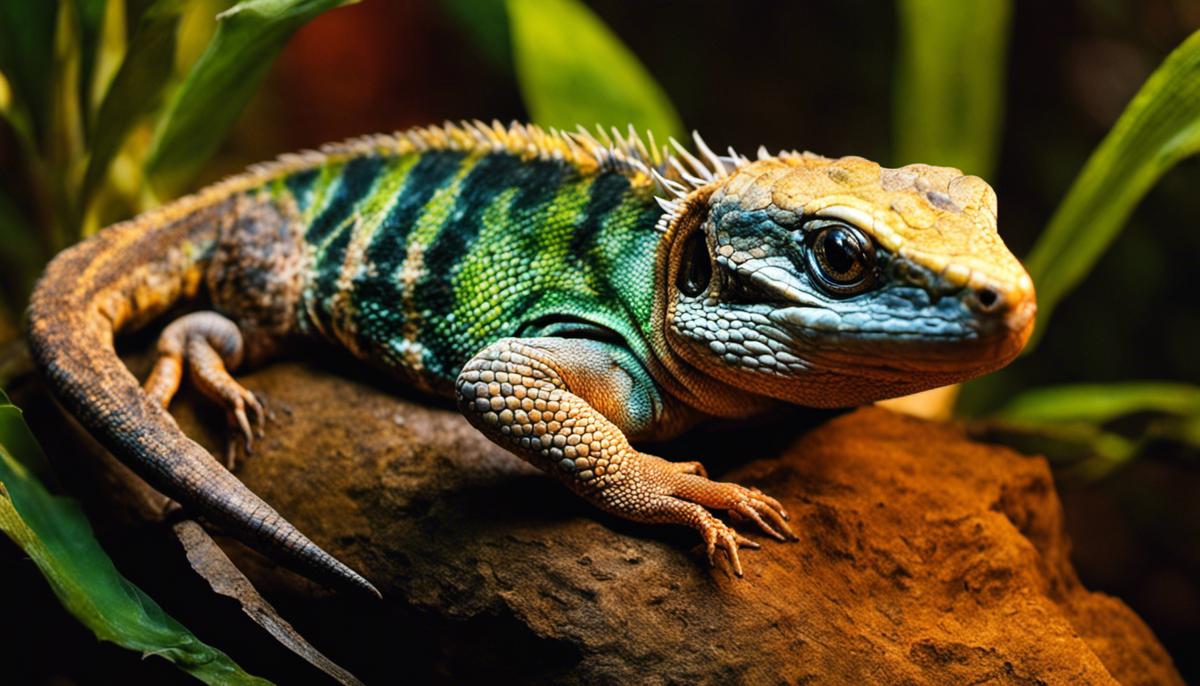 A beautiful reptile basking under a heat lamp, representing the topic of reptile care