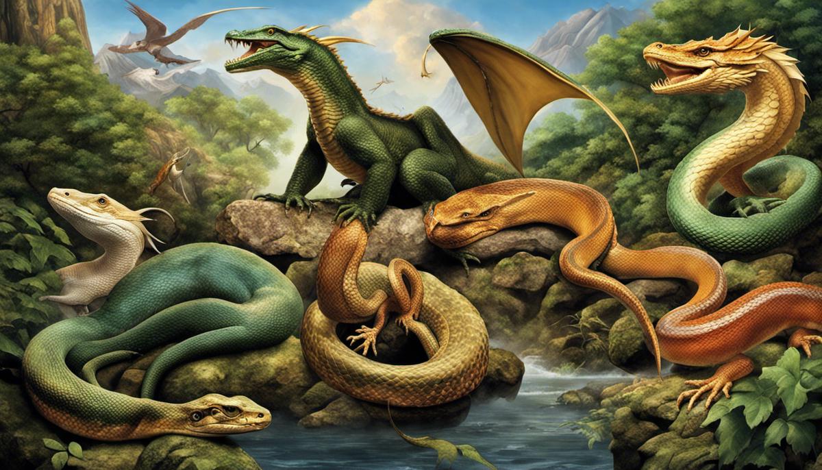 Image of a diverse range of reptiles, including snakes and dragons, symbolizing the captivating nature of reptile myths and legends