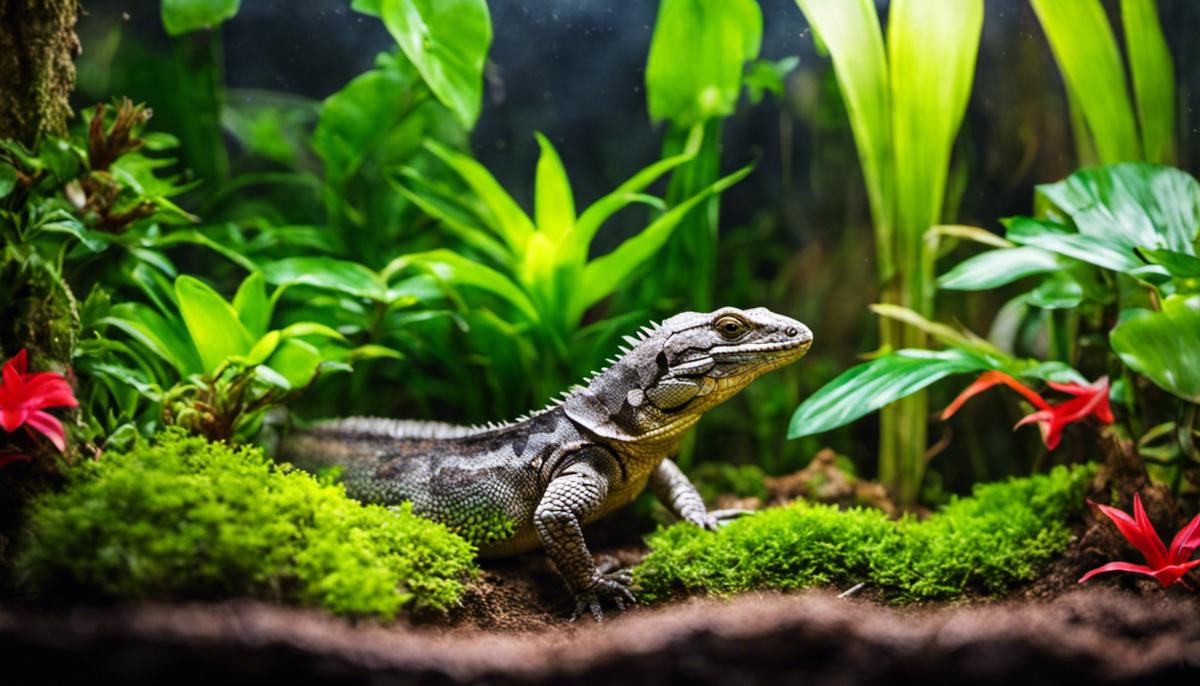 Image of a reptile terrarium in a tropical setting with vibrant plants and a reptile inside.