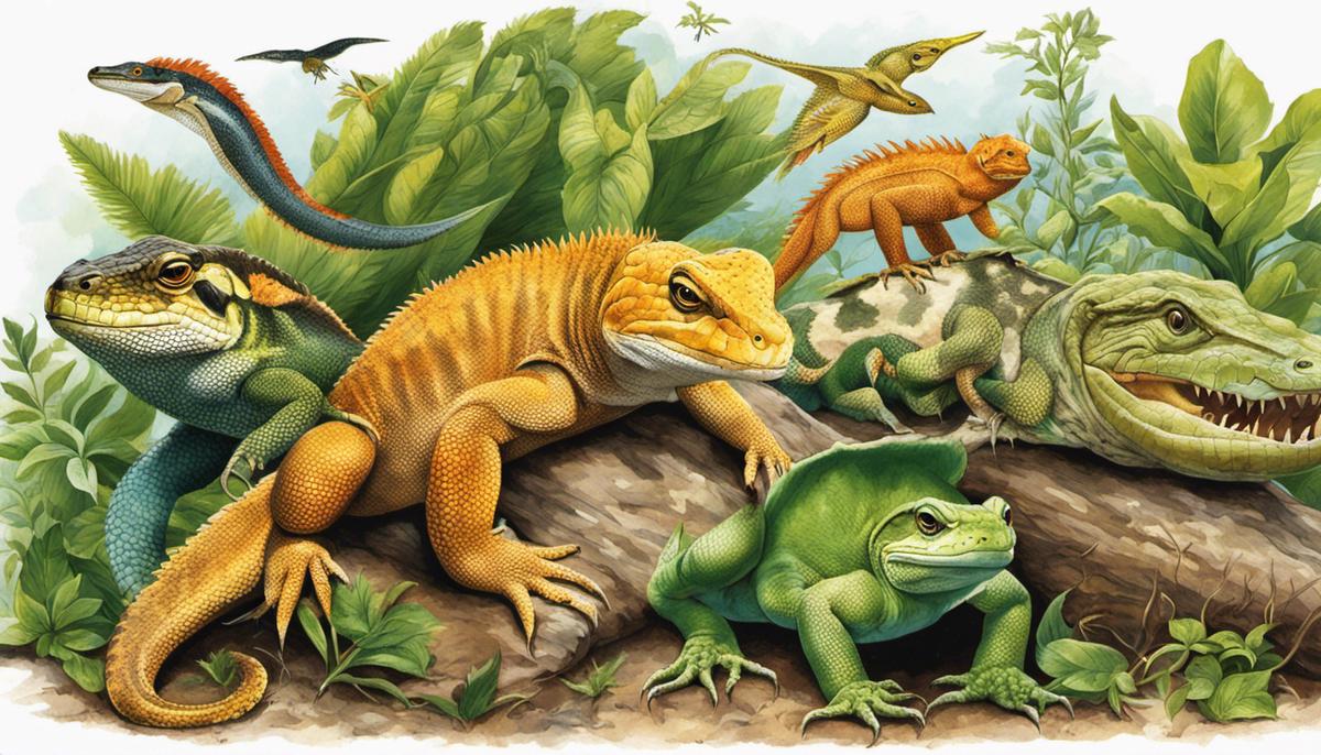 Illustration of various reptiles, representing the diverse reptile species discussed in the text, highlighting their conservation needs