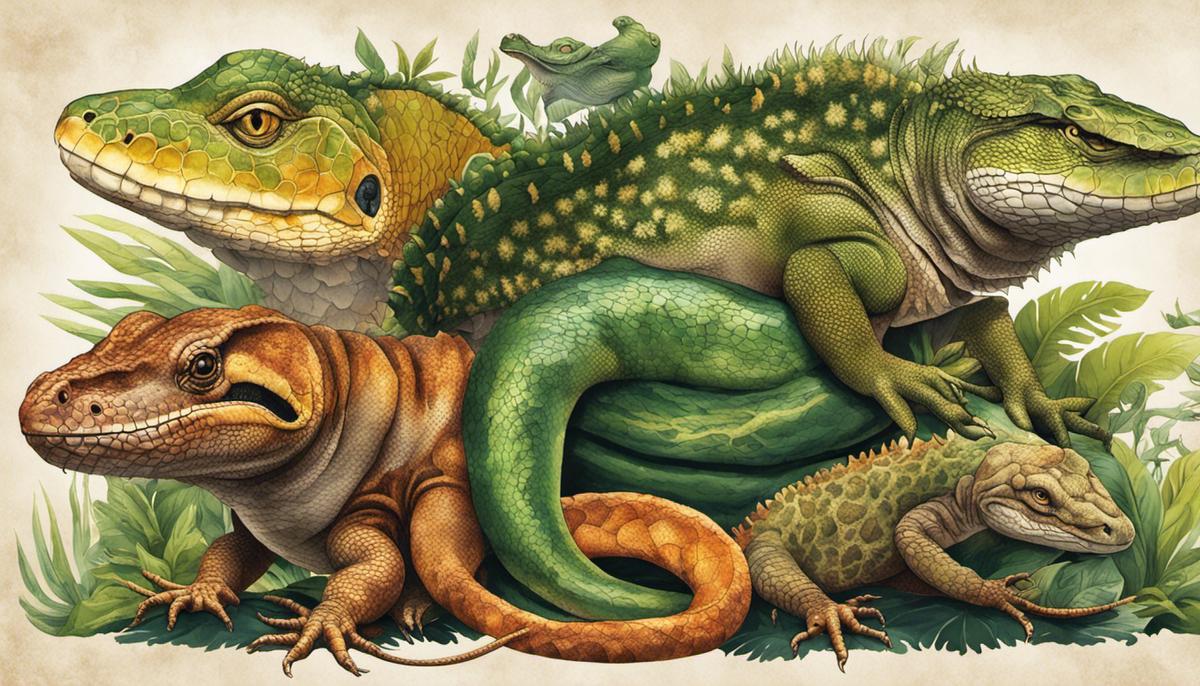 Illustration of various reptiles representing different myths and legends from around the world, highlighting the diversity and cultural significance
